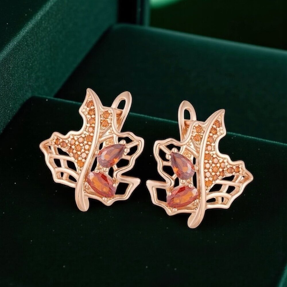 NEW Autumn Leaf Huggie Earrings Amber Crystals 14K Gold Plated Boho Classic Fall